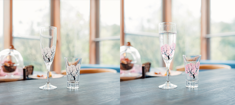 伝統と最新技術を融合し、温度をデザインした「冷感桜シリーズ」。写真右：常温時のグラス、写真左：冷たい飲み物を注いだグラス。グラス以外に平盃や、「冷感桜」以外に「冷感紅葉」などもある。